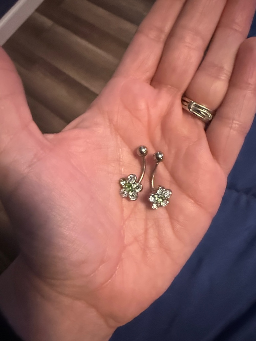 Silver Floral Navel Ring with Clear and Light Green Crystals